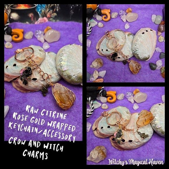 Citrine Crystal Wire Wrapped Crow and Witch Keychain Accessory - Picture 1 of 5